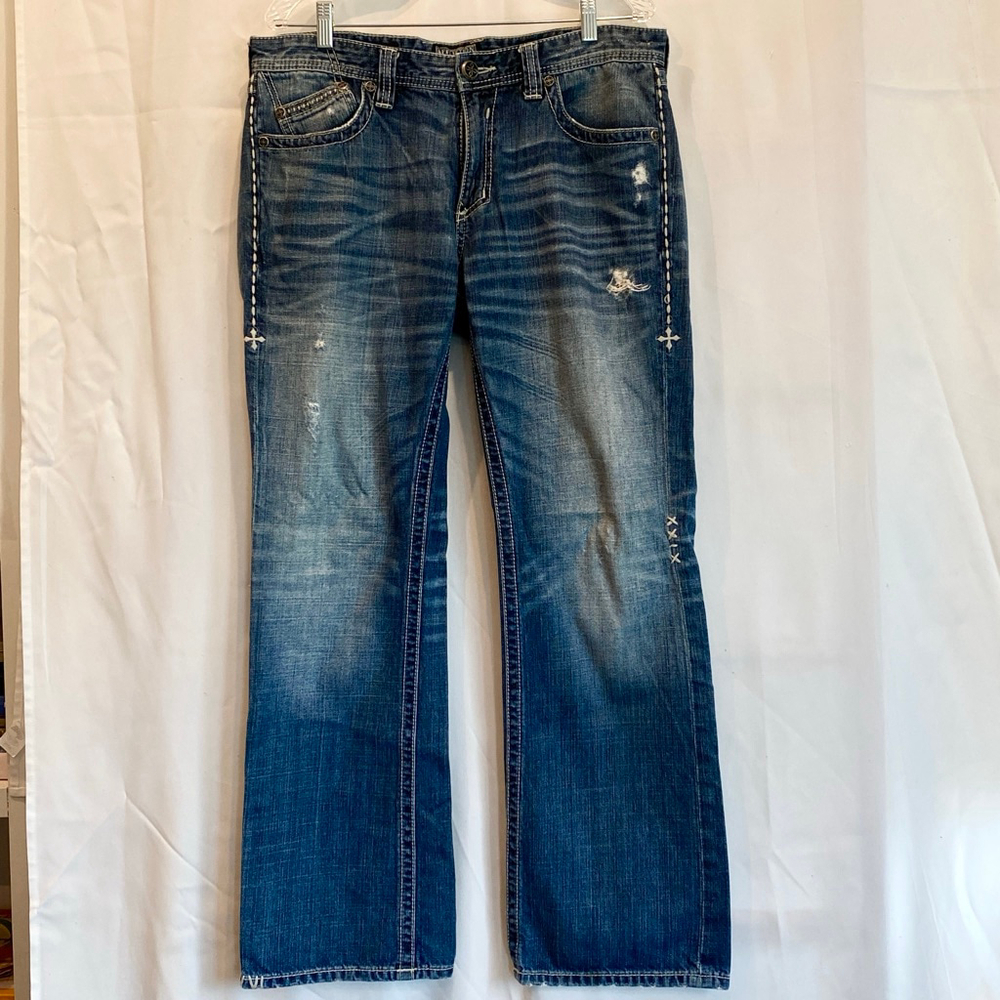 Men's Affliction Blue Distressed Bootcut Jeans w/White Stitching Detail Waist 34